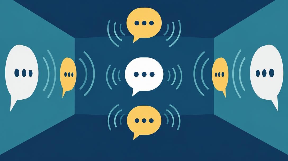 Flat vector illustration of an echo chamber with repeated speech bubbles and sound waves bouncing between enclosed walls